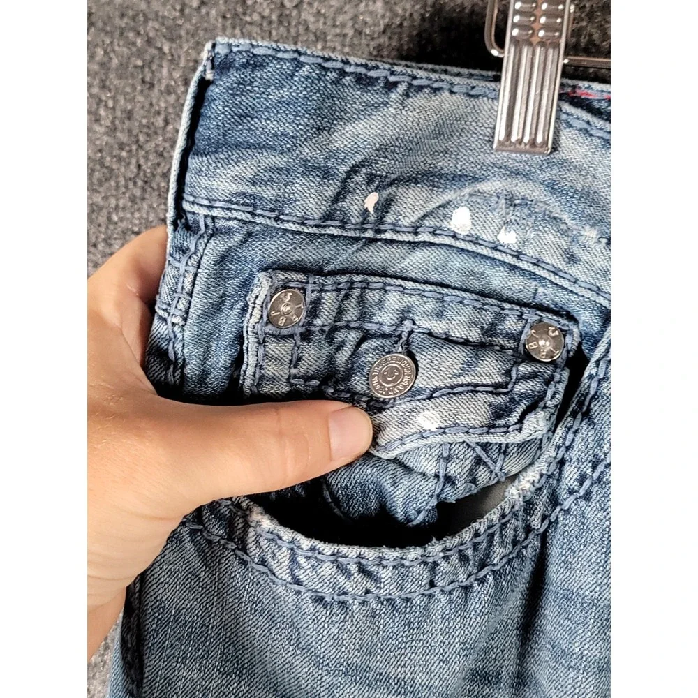 True Religion Moto Slim Big T Jeans Mens 38x32 Blue Biker Distressed Y2K Stretch